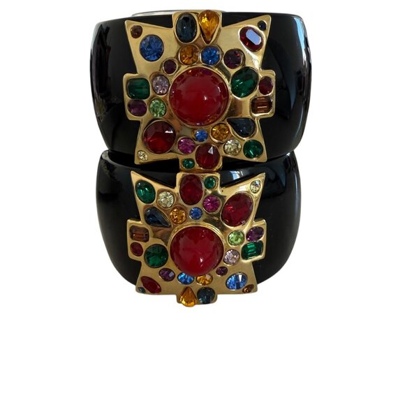 SET OF TWO Kenneth Jay Lane Large Ruby Center Black Maltese Cross Cuff bracelet - Picture 1 of 11